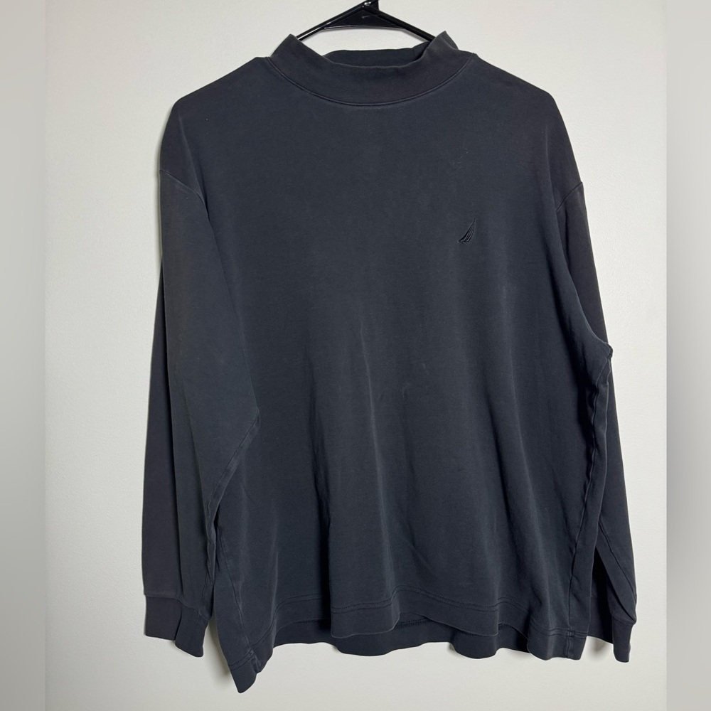 Nautica Black Mock Neck Sweatshirt Minimalist 90s Style Logo Size Medium